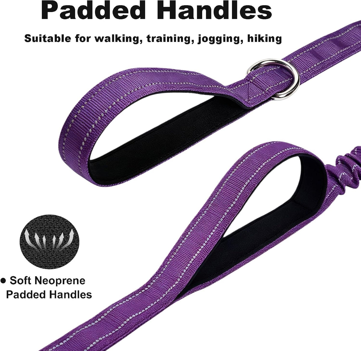 Bungee Dog Leash 5FT-6FT Shock Absorbing, Heavy Duty Tactical Dog Lead with Padded Double Handles, Car Seat Belt, No Pull Reflective Training Leashes for Medium Large Dogs (Purple)