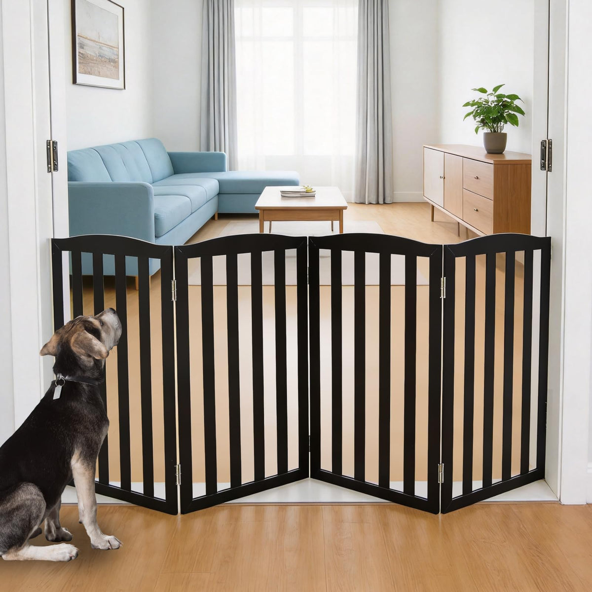 Freestanding Dog Gate Indoor,Doggie Gate Foldable Pet Gates for Doorways,Stairs or Hallways, Wooden White Pet Gate for the House, Pet Fence with Support Feet Included,24 "Height-3 Panels