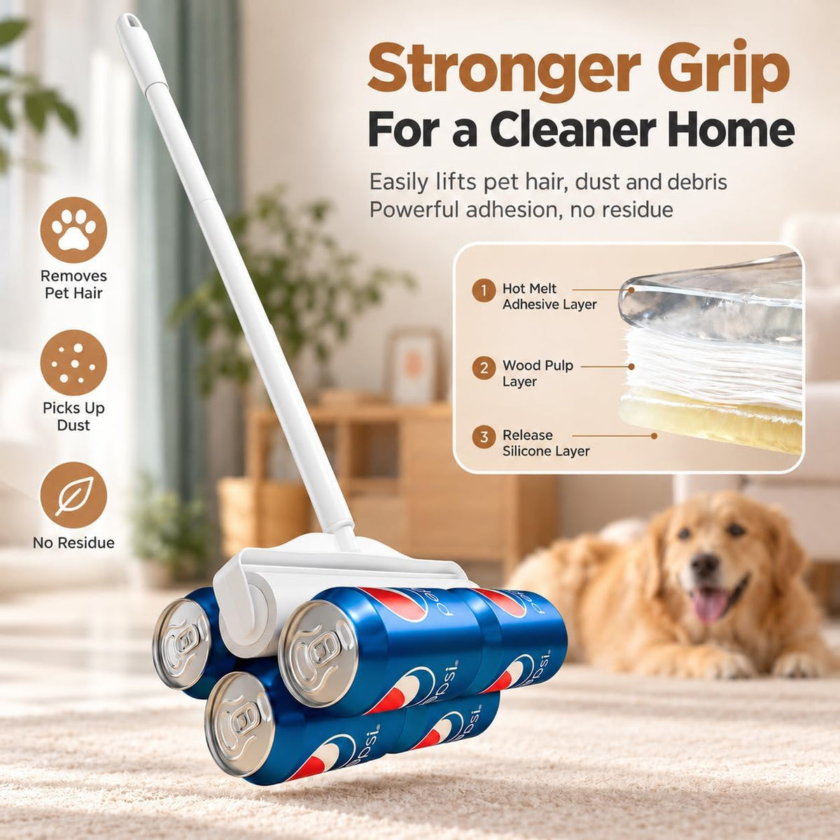 Long Handle Extra Sticky Large Lint Roller for Pet Hair, 6 Rolls 600 Sheets