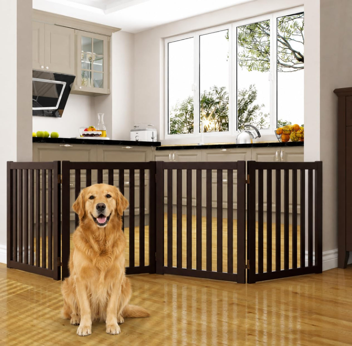 WELLAND Freestanding Dog Gate, Indoor Folding Pet Gate, 3-Panel Espresso