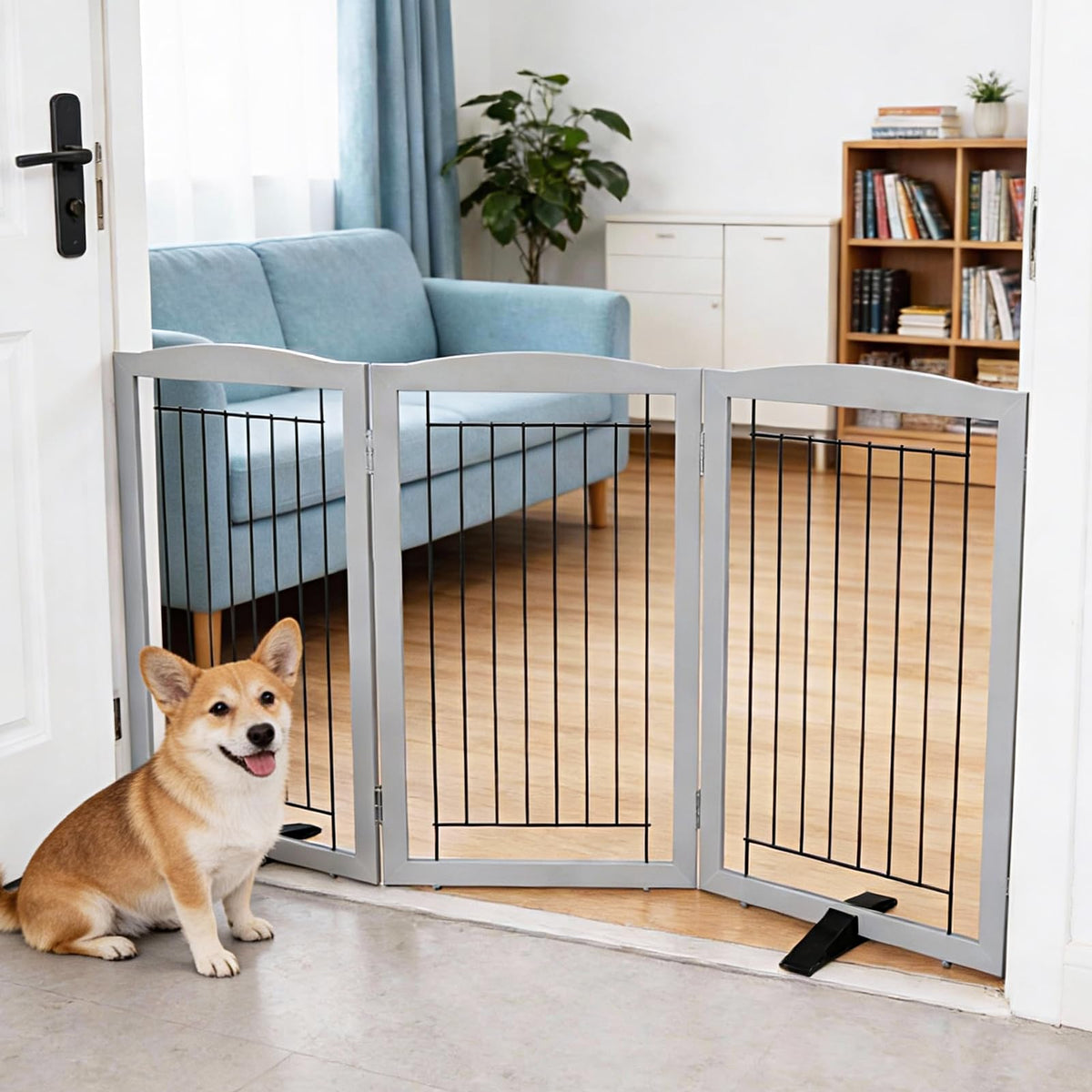 Dog Fence Indoor,Dog Gate Indoor for Doorway pet gate -3-Panel Freestanding, Hallways, House or Stairs -60x24-Inch Retractable Foldable Expandable Wood Pet by SFJC (Brown) ﻿