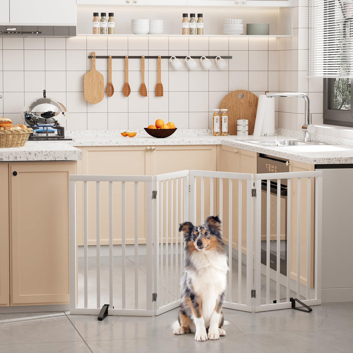 Semiocthome Dog Gate Indoor 2-Panel Freestanding Puppy Gates for The House with 2 Metal Stands 24" H Folding Wood Pet Gate for Stairs Doorway, Fully Assembled Safety Fence - Walnut