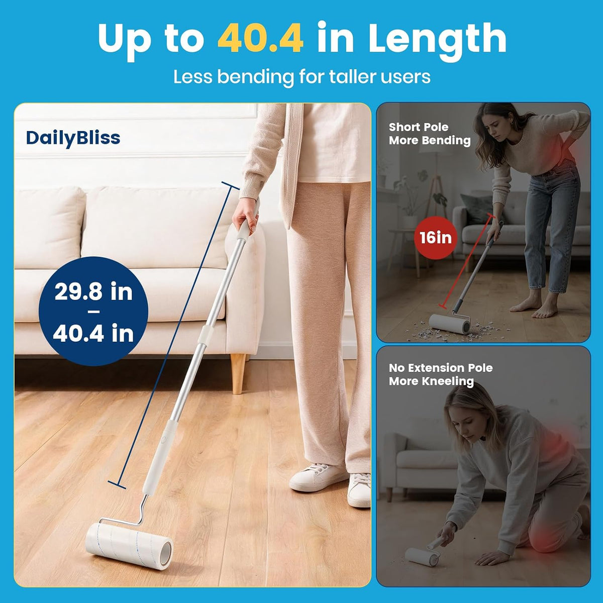 Extra Sticky Long Handle Lint Roller for Pet Hair, Floor