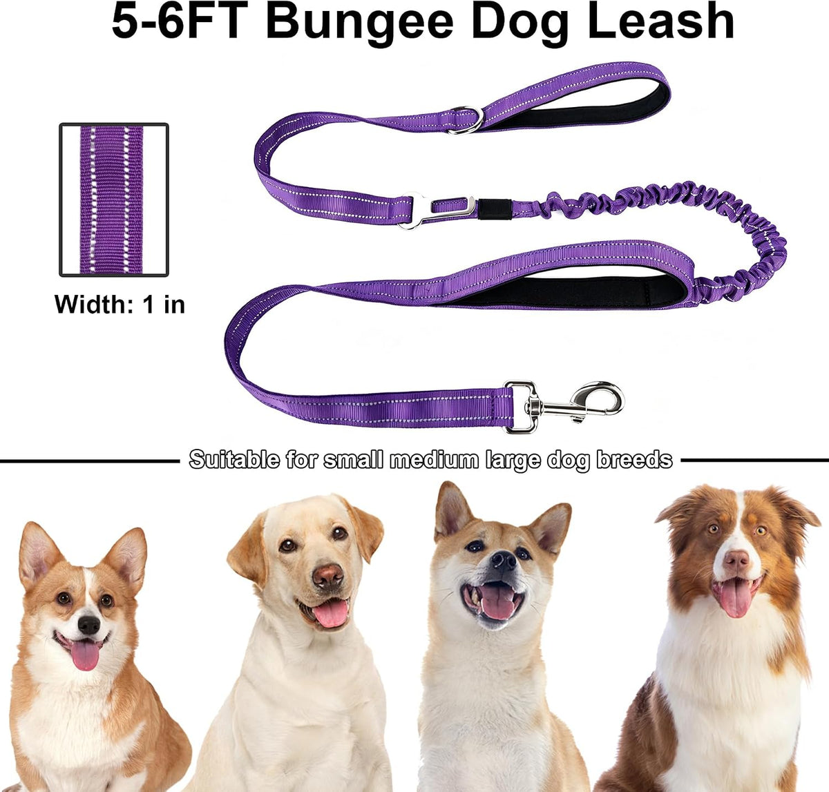 Bungee Dog Leash 5FT-6FT Shock Absorbing, Heavy Duty Tactical Dog Lead with Padded Double Handles, Car Seat Belt, No Pull Reflective Training Leashes for Medium Large Dogs (Purple)