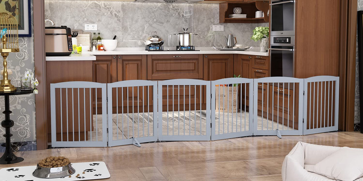 PUPETPO Freestanding Pet Gate for Dogs, Foldable Wooden Dog Gate for House, Indoor Pet Barrier for Stairs, Doorways, Support Feet Included, 24" Height 2 Panels, White