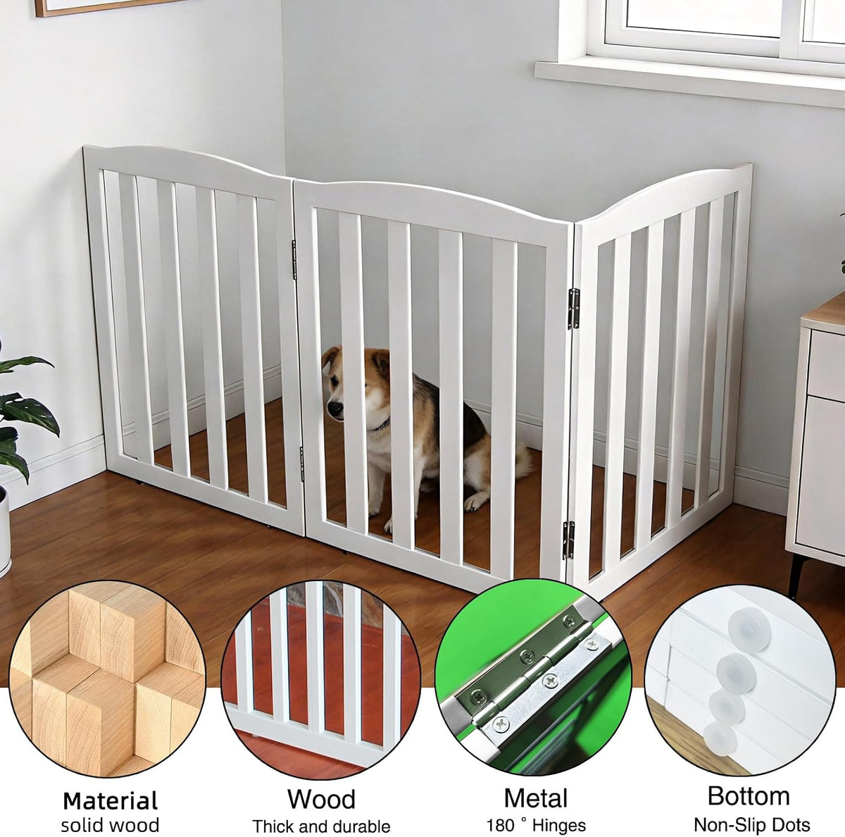 Freestanding Dog Gate Indoor,Doggie Gate Foldable Pet Gates for Doorways,Stairs or Hallways, Wooden White Pet Gate for the House, Pet Fence with Support Feet Included,24 "Height-3 Panels