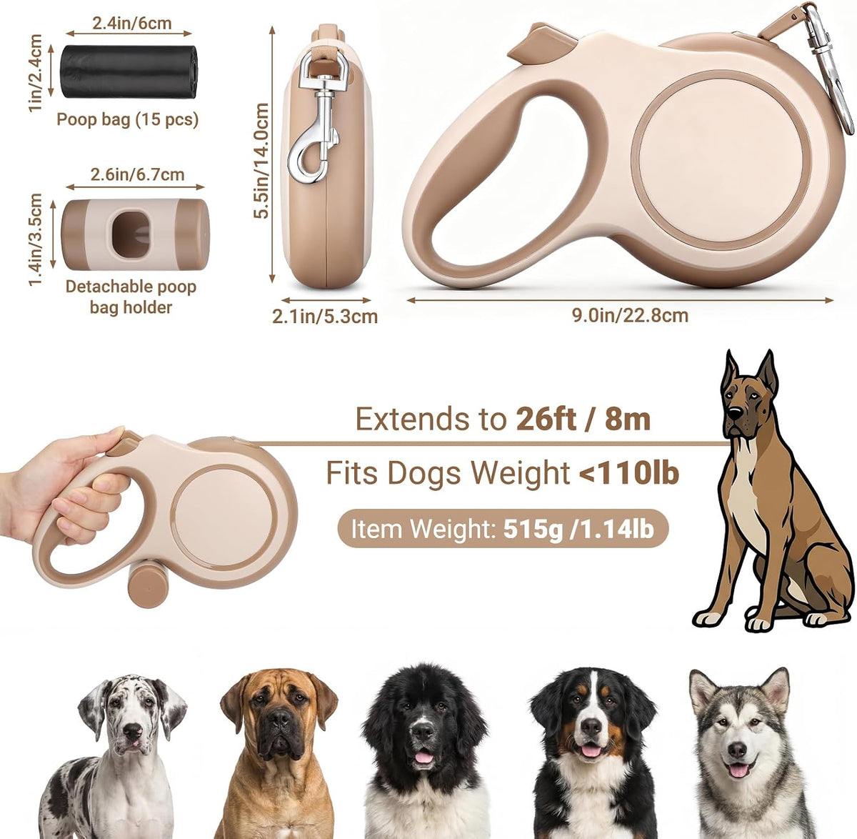 Segarty 26 Ft Walking Lead with Poop Bag Holder for Pet 66 lbs - 110 lbs, 360°Tangle-Free 8m Long Retractable Leash with Anti-Slip Handle One-Handed Brake Pause Lock, Heavy-Duty Leash for Dogs Outside