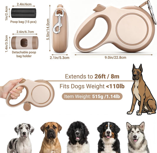 Segarty 26 Ft Walking Lead with Poop Bag Holder for Pet 66 lbs - 110 lbs, 360°Tangle-Free 8m Long Retractable Leash with Anti-Slip Handle One-Handed Brake Pause Lock, Heavy-Duty Leash for Dogs Outside