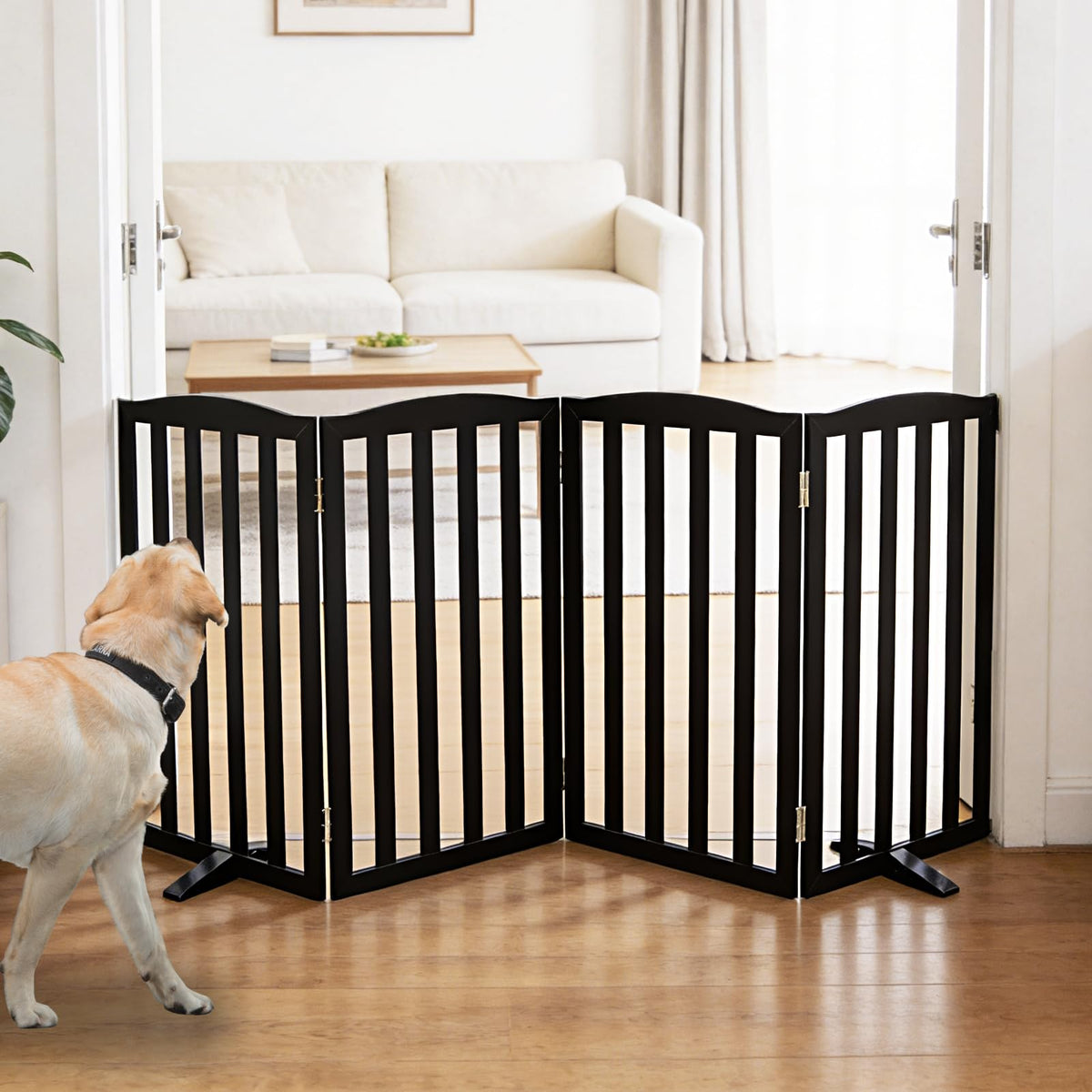 Freestanding Dog Gate Indoor,Doggie Gate Foldable Pet Gates for Doorways,Stairs or Hallways, Wooden Brown Pet Gate for the House, Pet Fence with Support Feet Included,24 "Height-2 Panels
