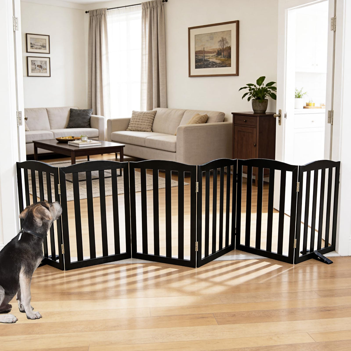 ZJSF Foldable Freestanding Indoor Dog Gate for House Wood White Long Pet Gates Dog Fence for Stairs Puppy Gates for Hallways,Pet Fence, Puppy Gate,Support Feet Included 24 "Height-3 Panels