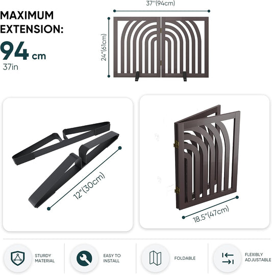 Semiocthome Dog Gate Wooden 360° Foldable 24 Inch Height Freestanding Pet Safety Gate with 2 Metals Stands for Puppy Indoor House Use (Brown, 2-Panel, Rounded Corner Pattern)