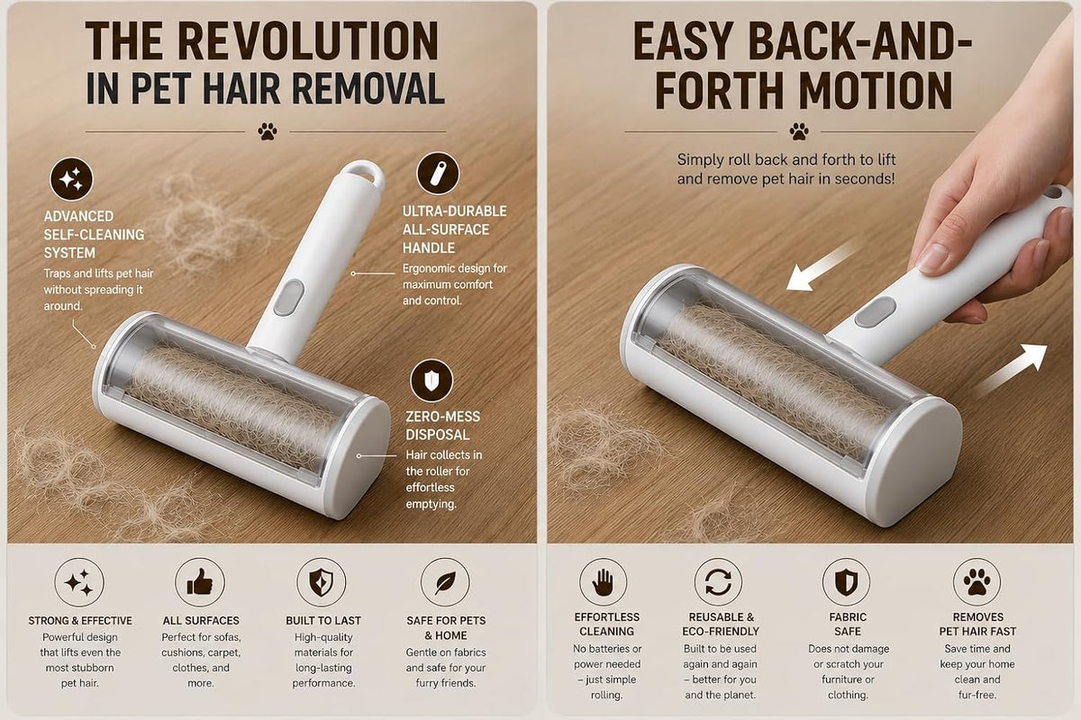 Pet Hair Remover Roller for Furniture and Couch - Reusable Two-Way Dog & Cat Fur Remover Tool - Self-Cleaning Multi-Surface Lint Roller for Carpet, Bedding and Car Interiors
