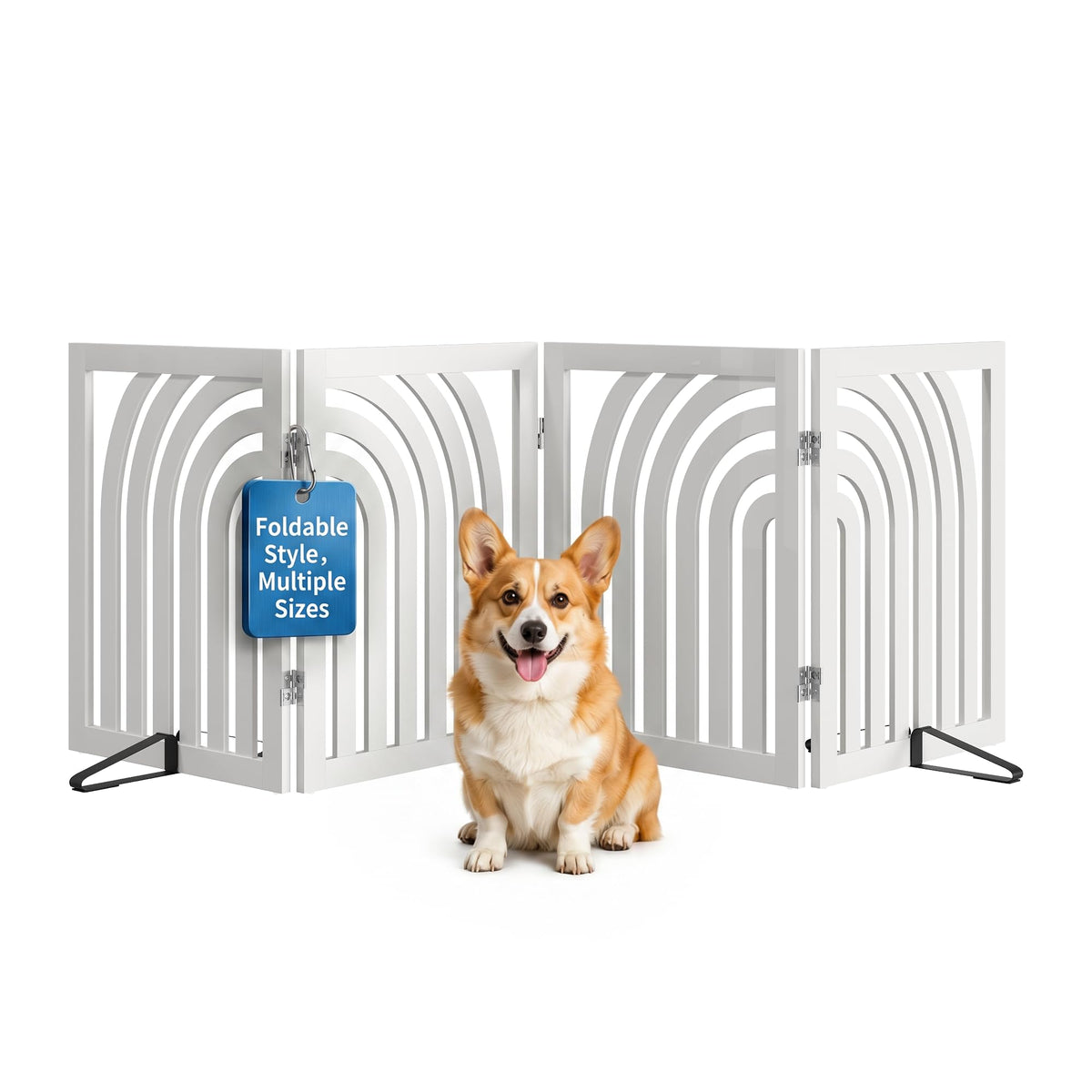 Semiocthome Dog Gate Wooden 360° Foldable 24 Inch Height Freestanding Pet Safety Gate with 2 Metals Stands for Puppy Indoor House Use (Brown, 2-Panel, Rounded Corner Pattern)