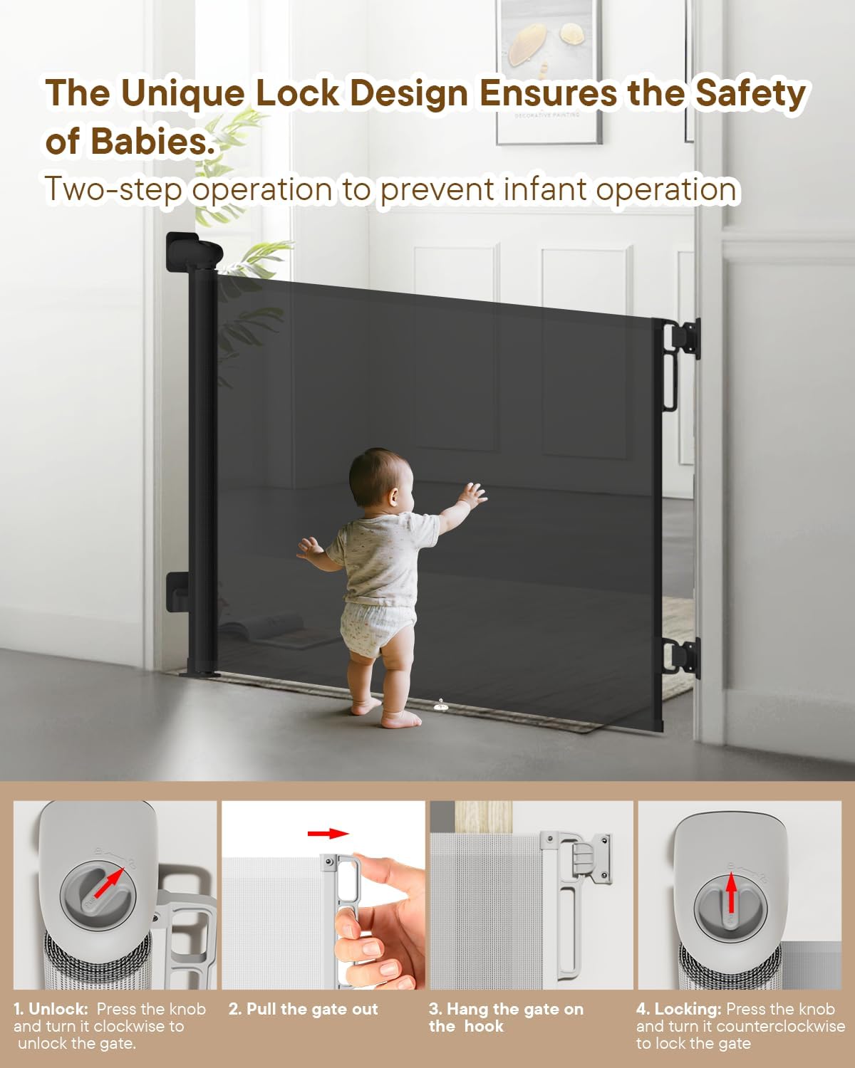 Retractable Baby Gates, 34" Tall Fits Up to 55" Wide, Black