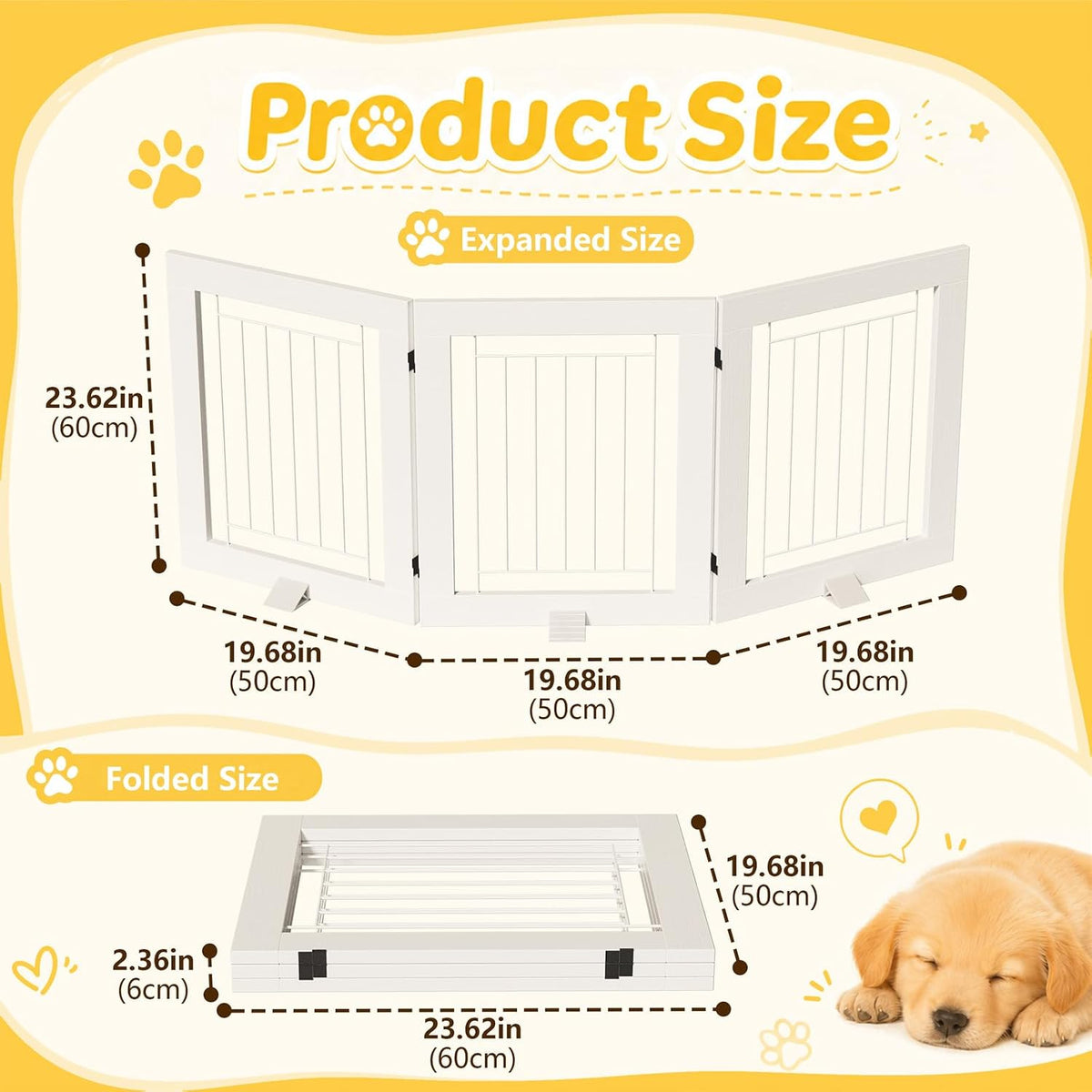 Faesun Dog Gate Indoor, Freestanding Dog Fence, 59x24-Inch Wooden Pet Gate for Dogs, 3-Panel Puppy Gates for Doorways, Hallways, Stairs, White