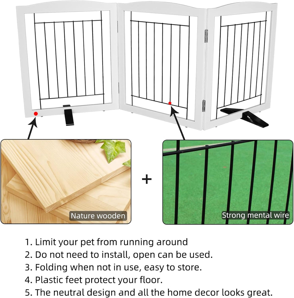 ZJSF Freestanding Dog Fence Indoor, Foldable Dog Gate for Doorways, Stairs or Hallways, Sturdy Wood Extra Wide Pet Gate with Support Feet for The House, White, 24 "Height-3 Panels