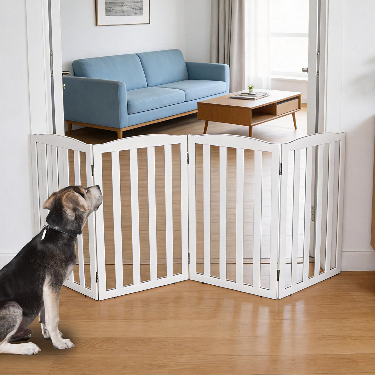 ZJSF Foldable Freestanding Indoor Dog Gate for House Wood White Long Pet Gates Dog Fence for Stairs Puppy Gates for Hallways, Puppy Gate,Support Feet Included, Brown, 24 "Height-3 Panels