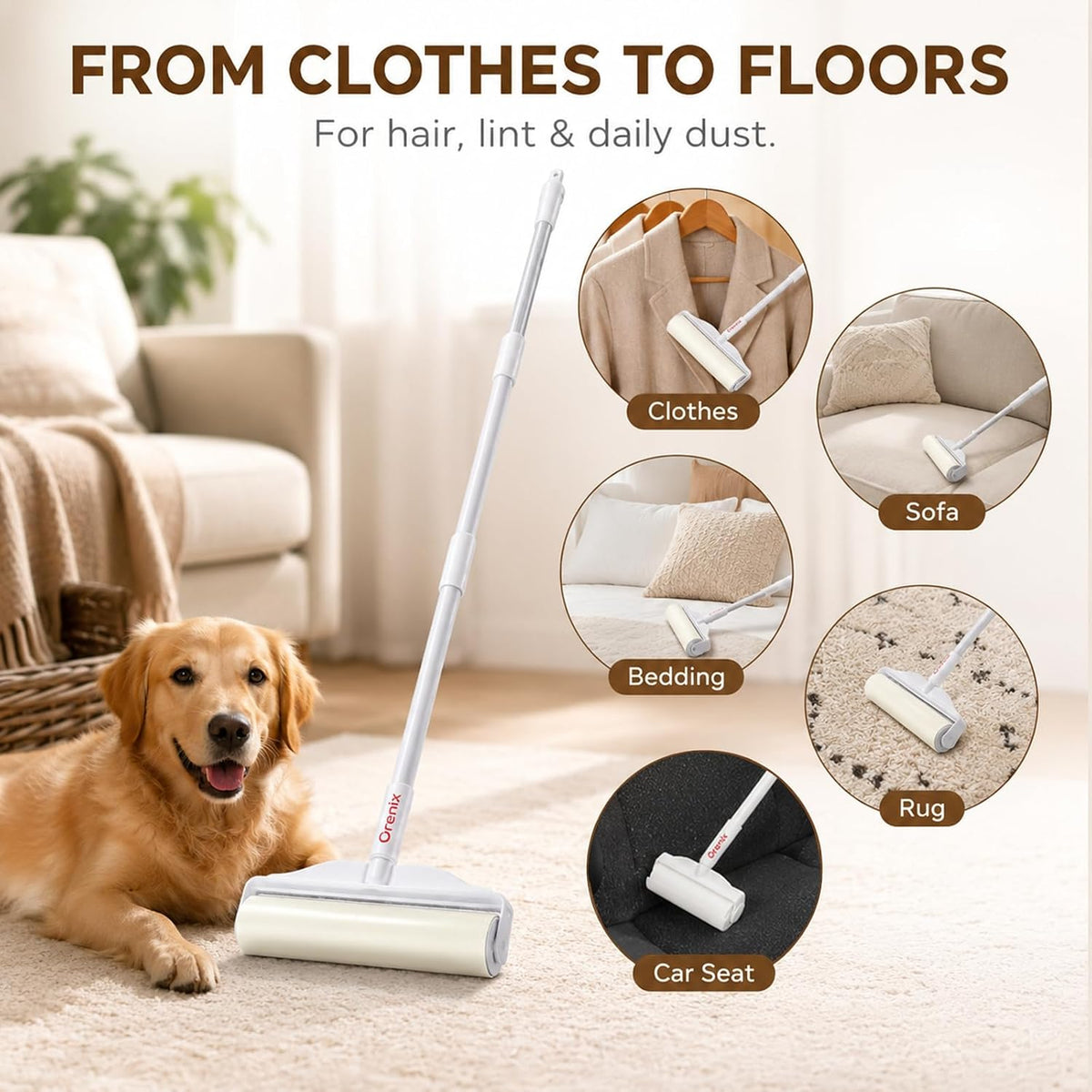 Long Handle Extra Sticky Large Lint Roller for Pet Hair, 6 Rolls 600 Sheets