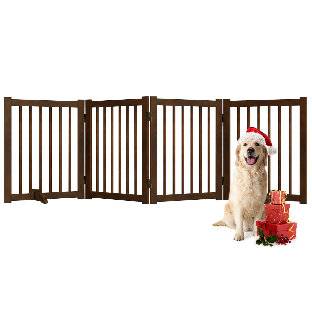 36" H Freestanding Dog Gate, Solid Wood Foldable Pet Gate with Support Feet, Wooden Tall Dog Gate for Doorway, Stairs & Indoor Use, 60" Wide Expandable Pet Fence, 3 Panels, Walnut