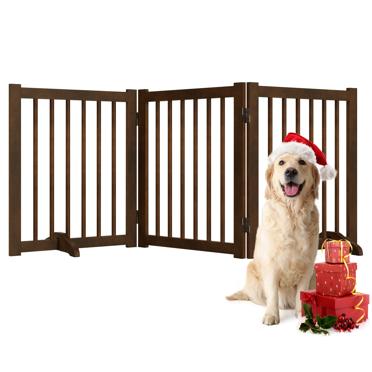 36" H Freestanding Dog Gate, Solid Wood Foldable Pet Gate with Support Feet, Wooden Tall Dog Gate for Doorway, Stairs & Indoor Use, 60" Wide Expandable Pet Fence, 3 Panels, Walnut