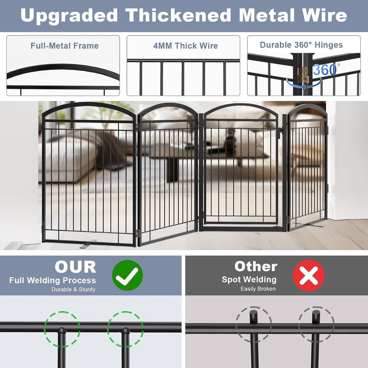 Full Metal Free Standing Dog Gate with Door for Outdoor Indoor,96'' Extra Wide 36'' Tall Dog Gates for Doorways,Large Openings,Decks,Porch,Freestanding Portable Pet Fence(4 Panels,Black)