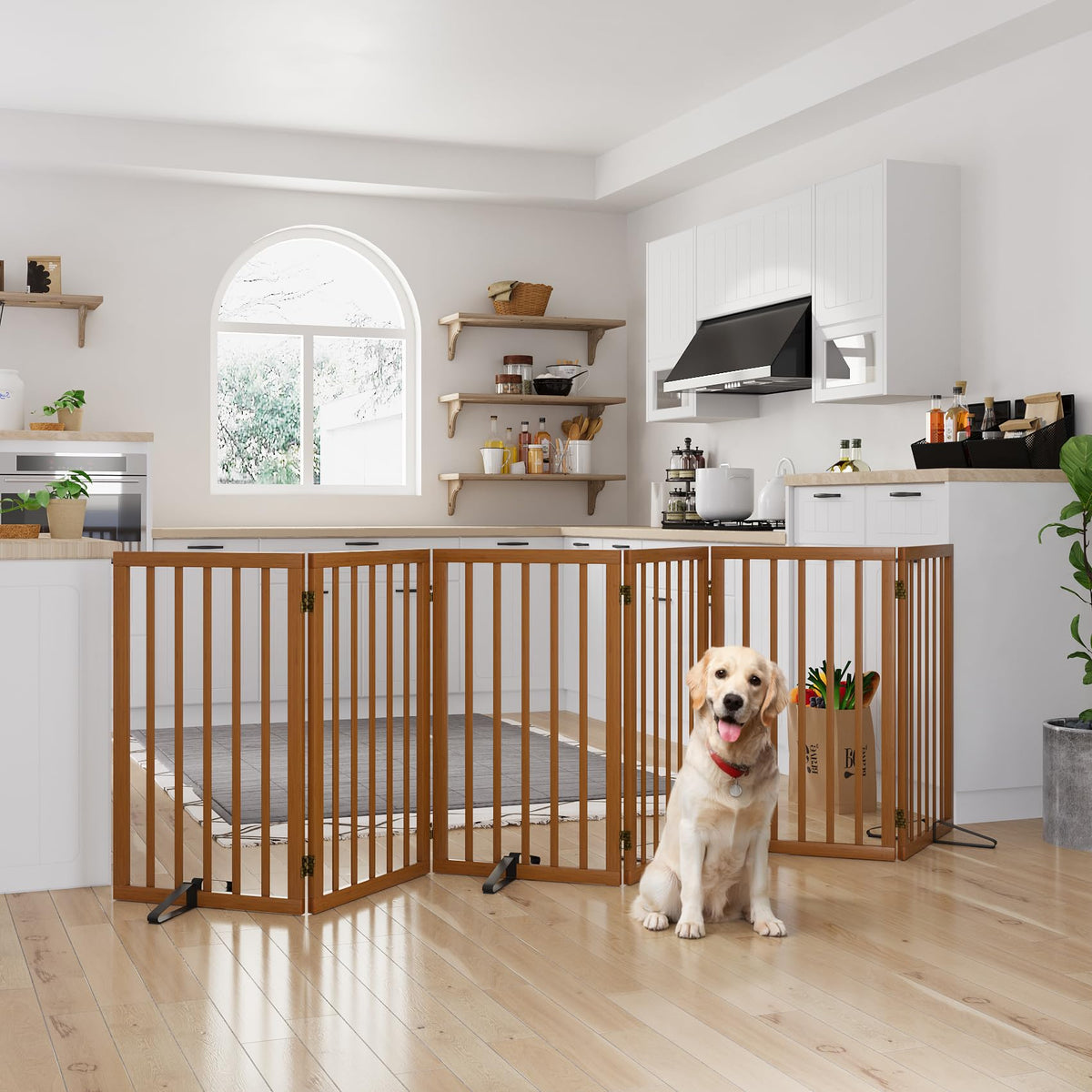 Semiocthome Dog Gate Indoor 2-Panel Freestanding Puppy Gates for The House with 2 Metal Stands 24" H Folding Wood Pet Gate for Stairs Doorway, Fully Assembled Safety Fence - Walnut