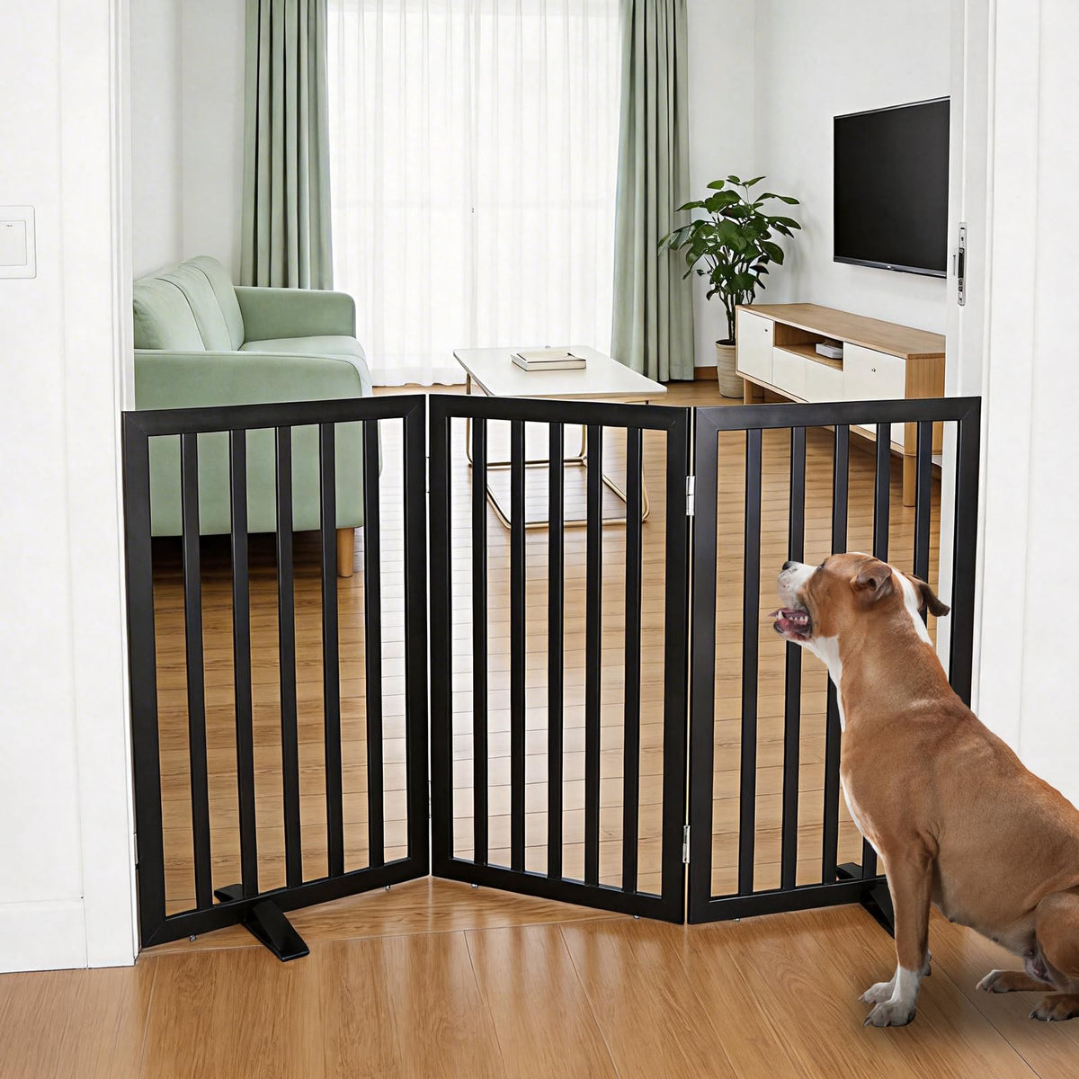 ZJSF Freestanding Indoor Dog Gate for House Foldable Wood Puppy Gate for Doorways Pet Gate for Stairs Extra Wide Pet Fence, Brown, 24" Height 3 Panels