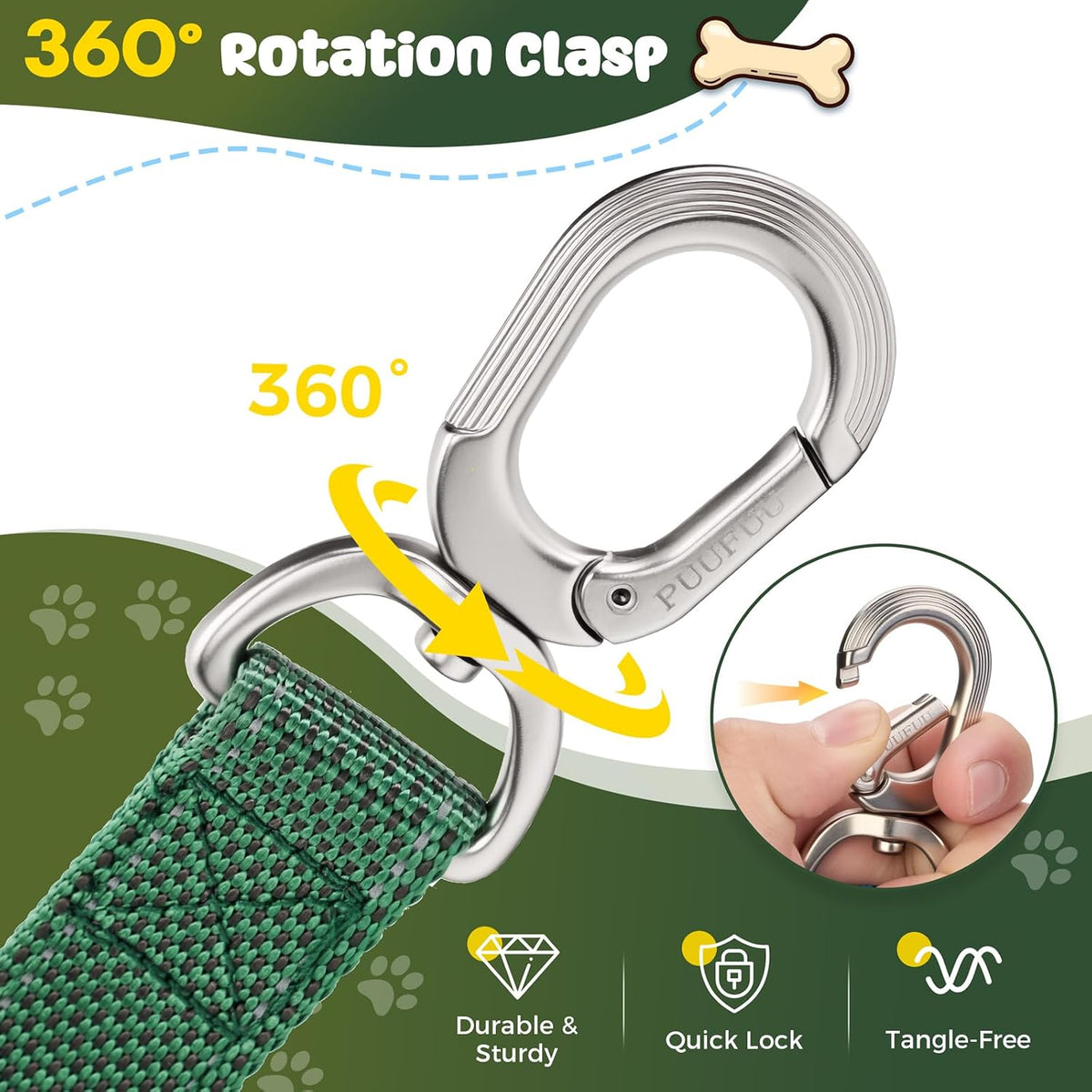 Heavy Duty Dog Leash with Easy Lock Metal Clip, Reflective, Padded Handle - Durable 4ft Walking Training Green Leash for Large, Medium, Small Dogs, Jogging, Hiking, and Outdoor Use