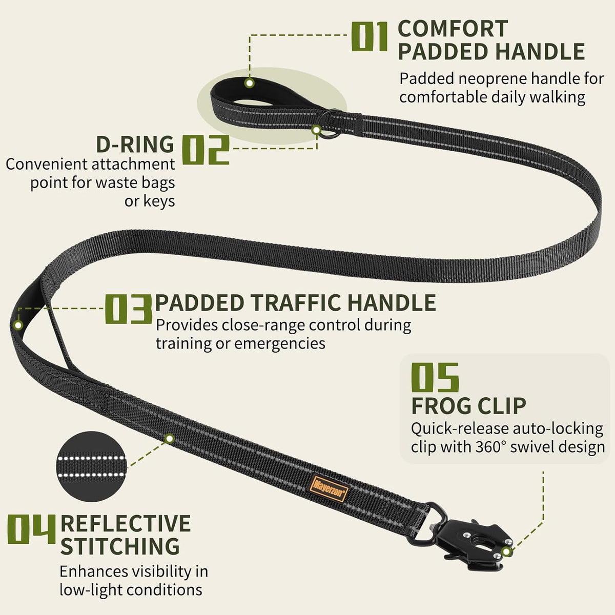 Mayerzon 6FT Tactical Heavy Duty Dog Leash No Pull with 2 Padded Handles