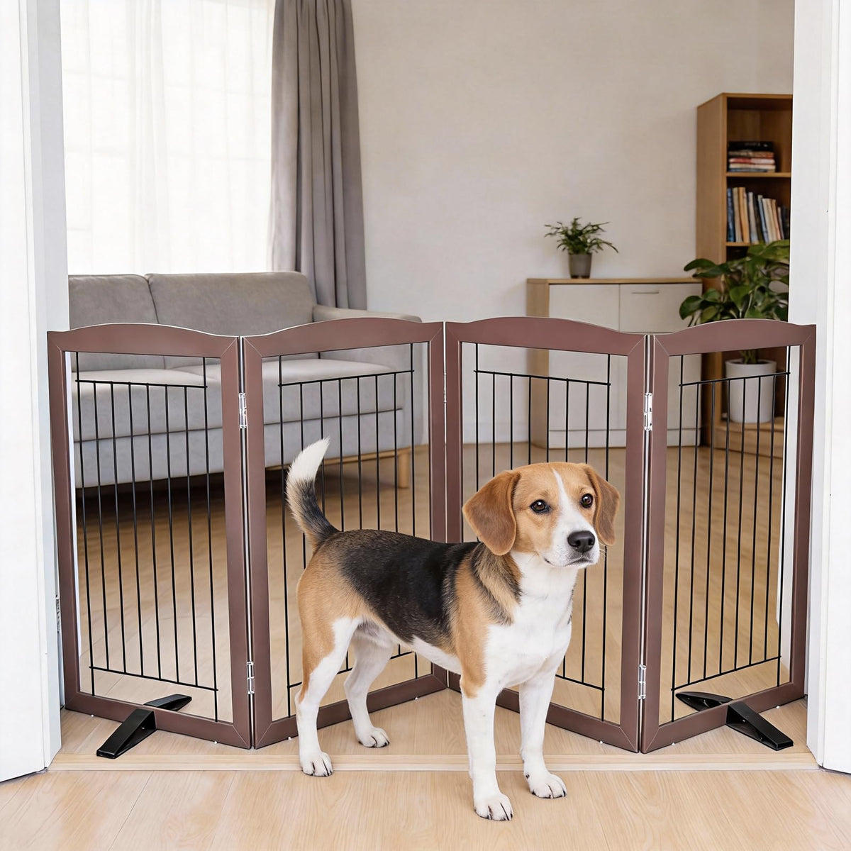 Dog Fence Indoor,Dog Gate Indoor for Doorway pet gate -3-Panel Freestanding, Hallways, House or Stairs -60x24-Inch Retractable Foldable Expandable Wood Pet by SFJC (Brown) ﻿