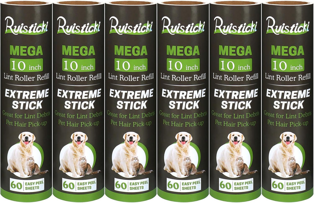 10 inch Mega All-Purpose Pet Hair Lint Roller Refills Compatible with Evercare Mega Roller 10'' Wide Ultra Sticky 60 Sheets Each Refill (Pack of 6, 360 Sheets Total)