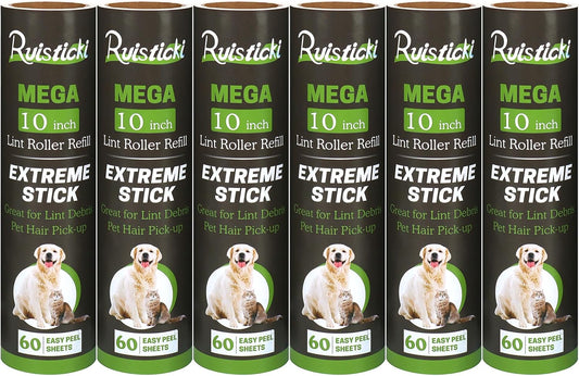 10 inch Mega All-Purpose Pet Hair Lint Roller Refills Compatible with Evercare Mega Roller 10'' Wide Ultra Sticky 60 Sheets Each Refill (Pack of 6, 360 Sheets Total)