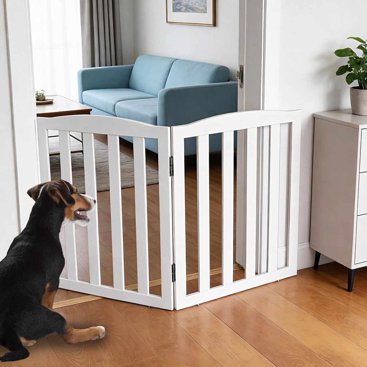 Freestanding Dog Gate Indoor,Doggie Gate Foldable Pet Gates for Doorways,Stairs or Hallways, Wooden White Pet Gate for the House, Pet Fence with Support Feet Included,24 "Height-3 Panels