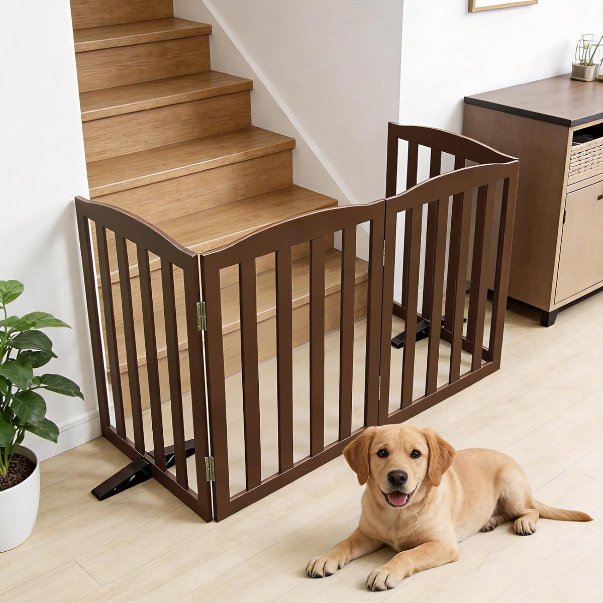 Freestanding Dog Gate Indoor,Doggie Gate Foldable Pet Gates for Doorways,Stairs or Hallways, Wooden Brown Pet Gate for the House, Pet Fence with Support Feet Included,24 "Height-2 Panels