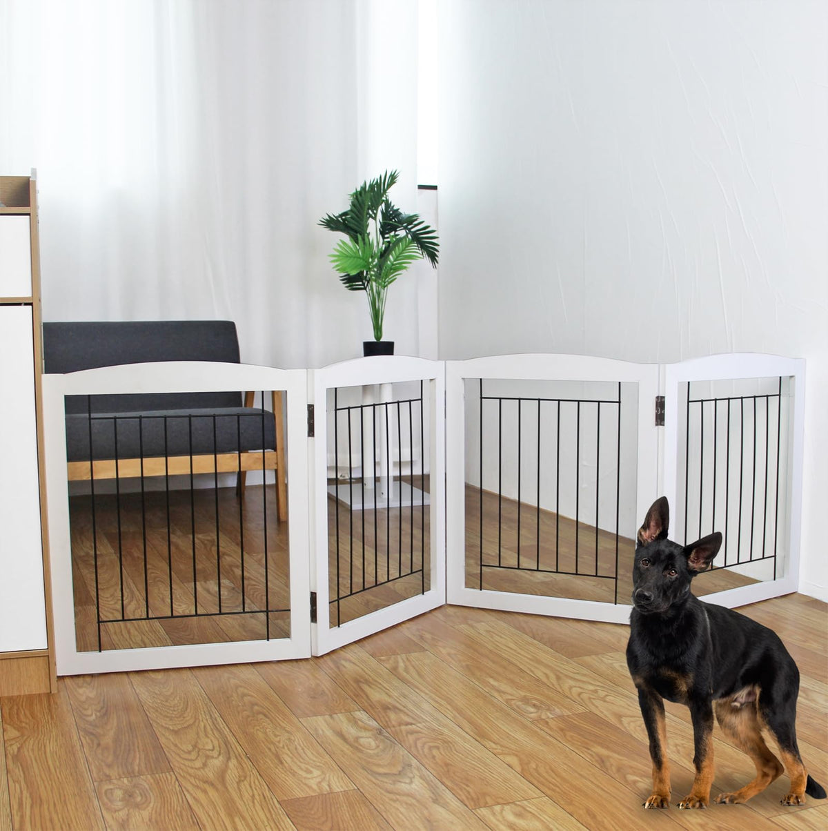 ZJSF Freestanding Foldable Dog Gate for House Extra Wide Wooden White Indoor Puppy Gate Stairs Doorways Pet Gate Tall Dog Fence 3 Panels Fence
