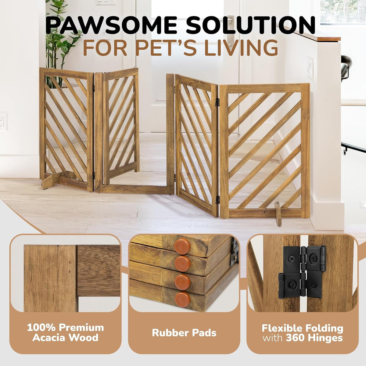 dCee Solid Acacia Wood Dog Gate, Freestanding Walk-Through Pet Gate, 81" 4-Panel Foldable Wooden Dog Gates with Door & 2 Support Legs for Doorways, Kitchen, Hall, Stairs, Indoor & Outdoor