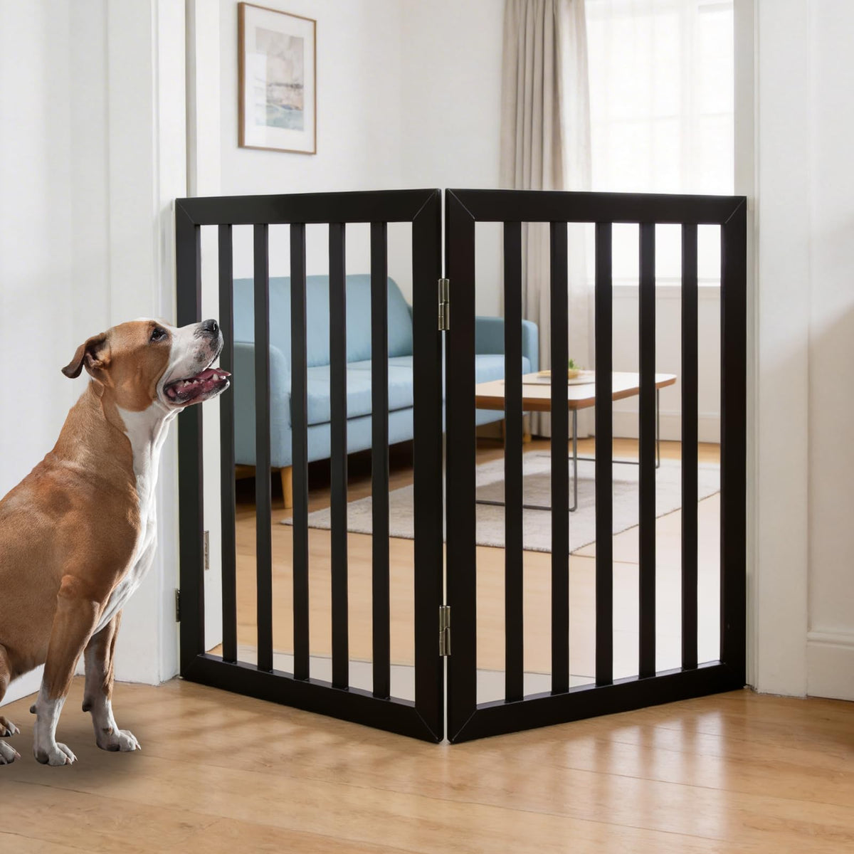 Dog Gate Indoor, Freestanding Dog Fence for The House, Doorways, Hallways,or Stairs,Pet Gate Foldable Wooden,Expandable 24" Height 3 Panels,Brown