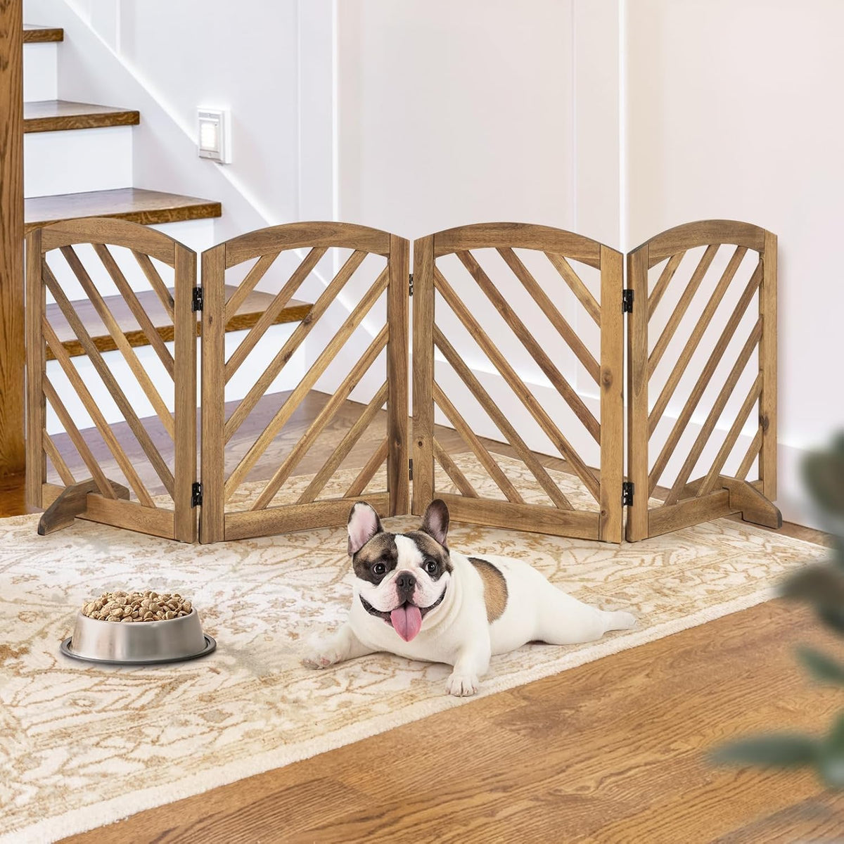 dCee Solid Acacia Wood Dog Gate, Freestanding Walk-Through Pet Gate, 81" 4-Panel Foldable Wooden Dog Gates with Door & 2 Support Legs for Doorways, Kitchen, Hall, Stairs, Indoor & Outdoor
