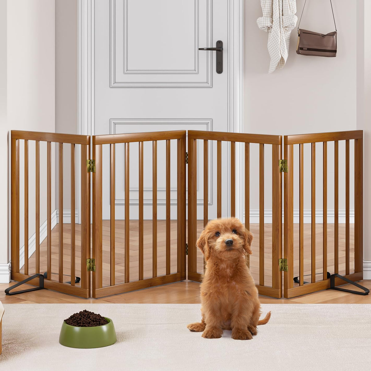Freestanding Pet Gate Foldable Dog Gate (55 inches Wide) Walnut Bamboo Dog Gates for Stairs Doorways House (2 Support Feet Included)