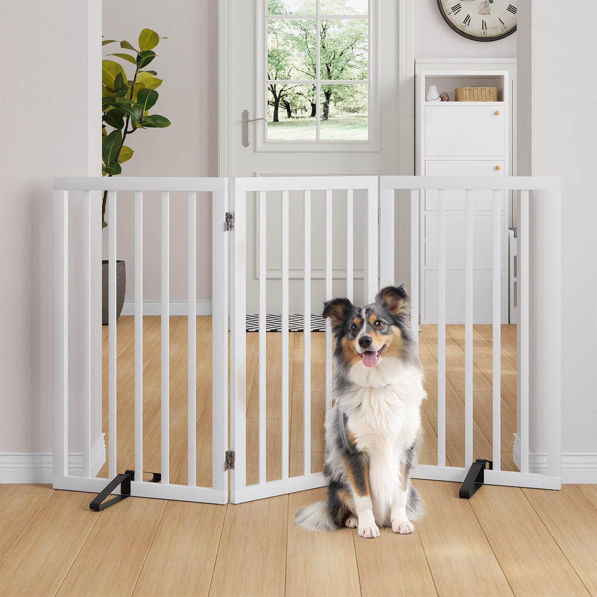 Semiocthome Dog Gate Indoor 2-Panel Freestanding Puppy Gates for The House with 2 Metal Stands 24" H Folding Wood Pet Gate for Stairs Doorway, Fully Assembled Safety Fence - Walnut