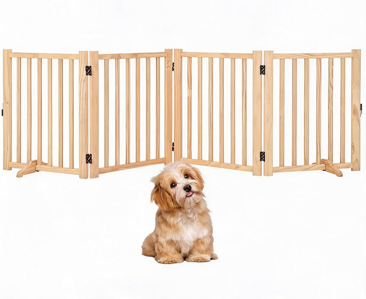 IDEALHOUSE Foldable Dog Gate,Wooden Pet Barrier,Freestanding Fence