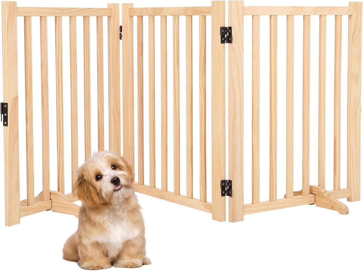 Wooden Freestanding Dog Gate, Foldable Pet Gate with Support Feet, Indoor Dog Fence for The House,Doorways, Stairs，Expandable Pet Fence -3 Panel H:24”