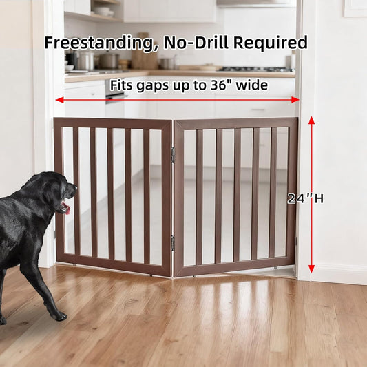 ZJSF Freestanding Indoor Dog Gate for House Foldable Wood Brown Puppy Gate for Doorways Pet Gate for Stairs Extra Wide Pet Fence 24" Height 2 Panels