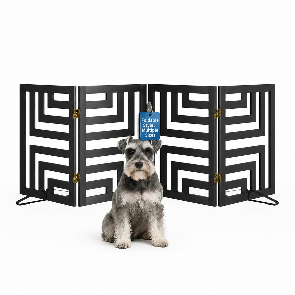 Semiocthome Dog Gate Wooden 360° Foldable 24 Inch Height Freestanding Pet Safety Gate with 2 Metals Stands for Puppy Indoor House Use (Brown, 2-Panel, Rounded Corner Pattern)
