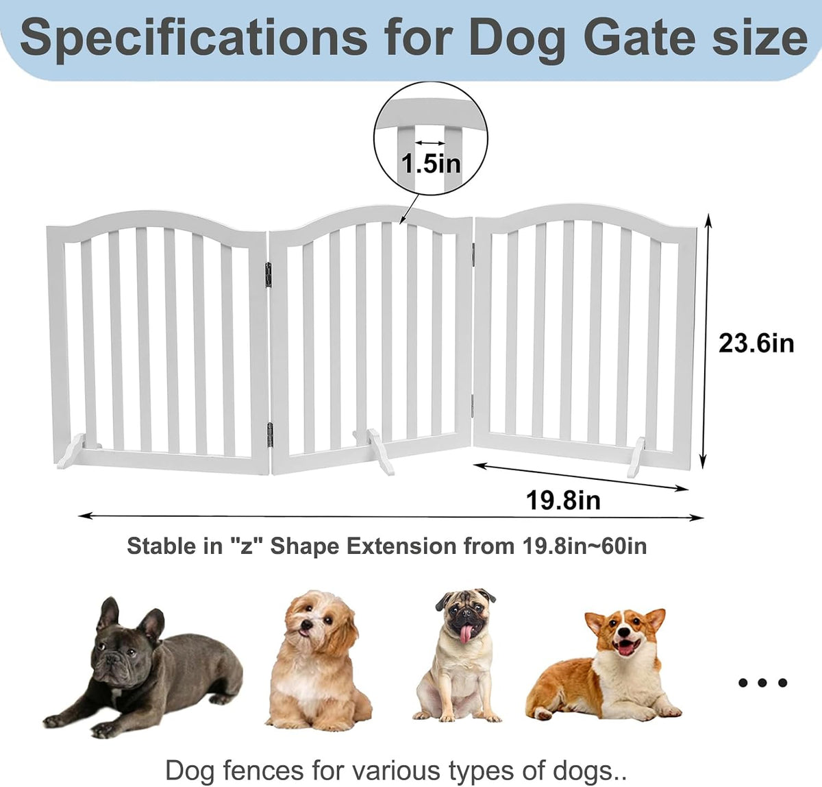 Foldable Wooden Dog Gate,3-Panel Freestanding Pet Fence,23.6 Inches,White