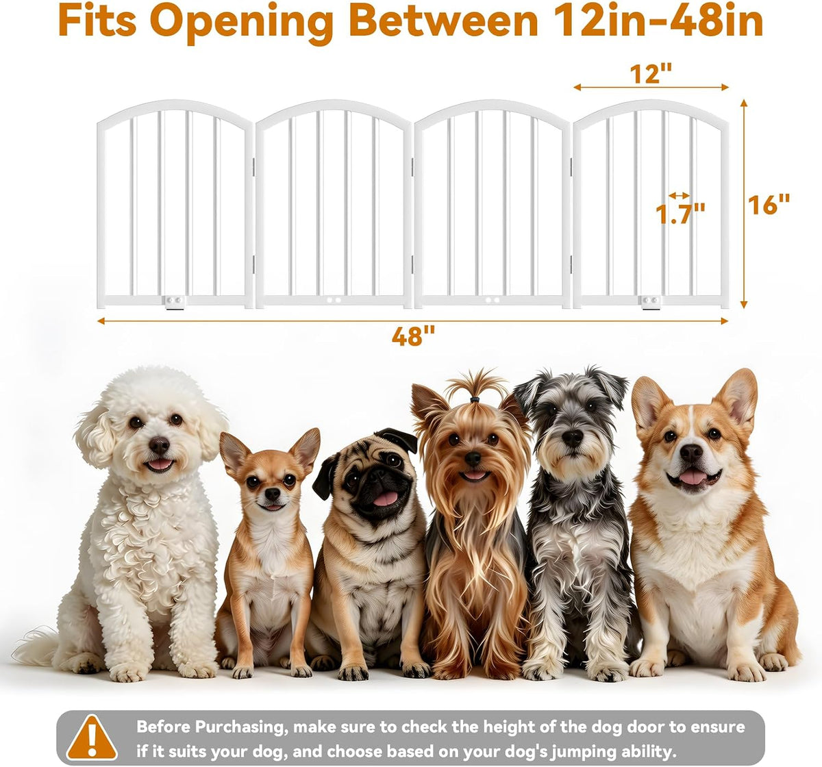 SNUOWU 16 Inch Full Metal Freestanding Short Dog Gate for Small Dogs, Foldable 4-Panel Pet Barrier, Expands Up to 48" Wide, Indoor Safety Fence for Doorway, Home & Stairs, White