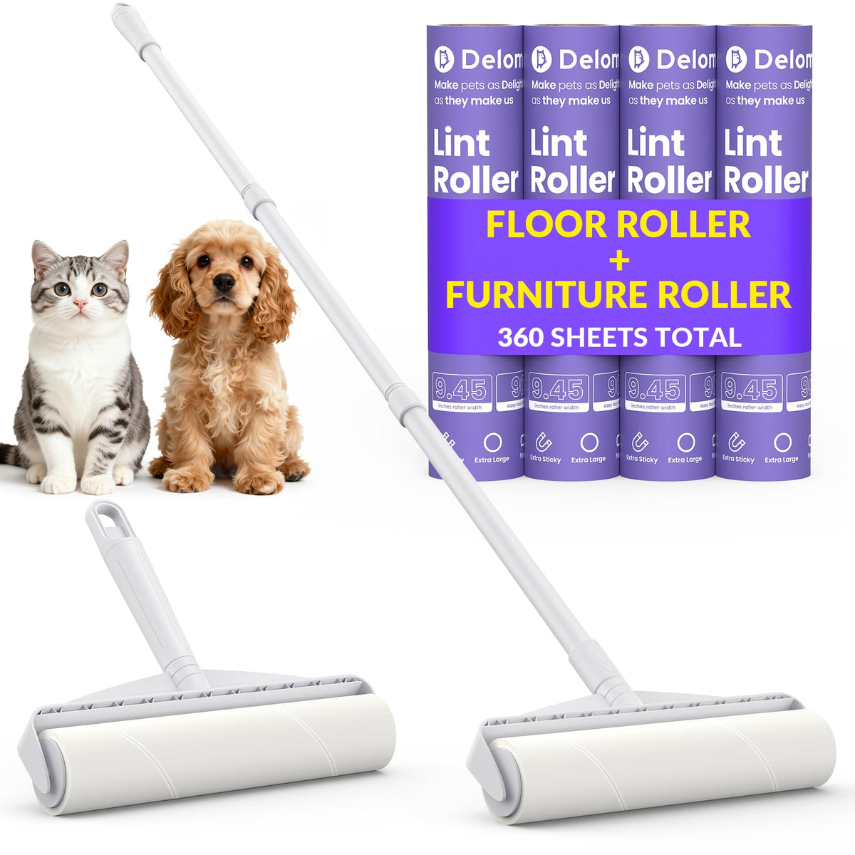 DELOMO 9.45” Large Lint Roller for Pet Hair, Long & Short Handles, 2 Packs