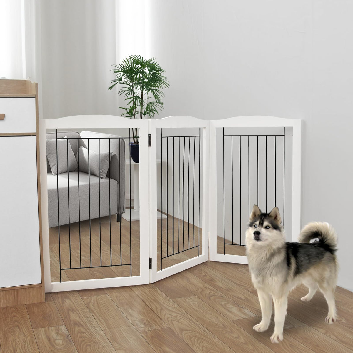 ZJSF Freestanding Foldable Dog Gate for House Extra Wide Wooden White Indoor Puppy Gate Stairs Doorways Pet Gate Tall Dog Fence 3 Panels Fence