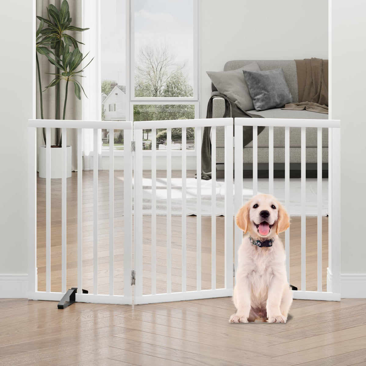 Dog Gates for Doorways, Tall Dog Gate Indoor, Foldable Pet Gates for Doorways Bedroom, Freestanding Puppy Gate with Metal Support Feet, Room Divider,3 Panels (Walnut)