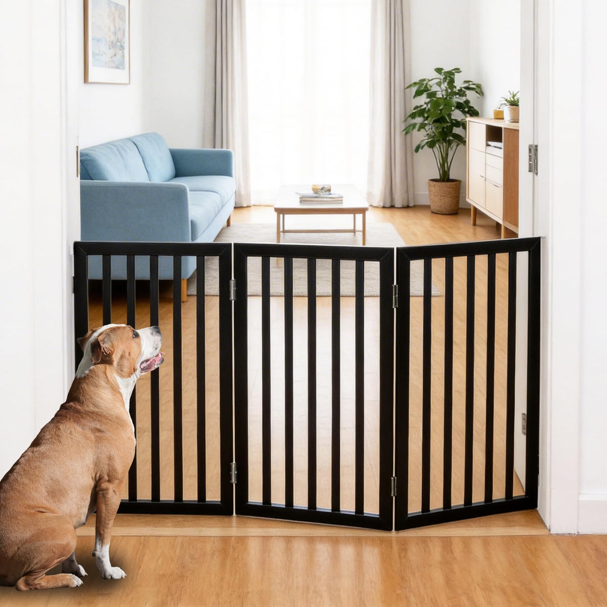 Dog Gate Indoor, Freestanding Dog Fence for The House, Doorways, Hallways,or Stairs,Pet Gate Foldable Wooden,Expandable 24" Height 3 Panels,Brown